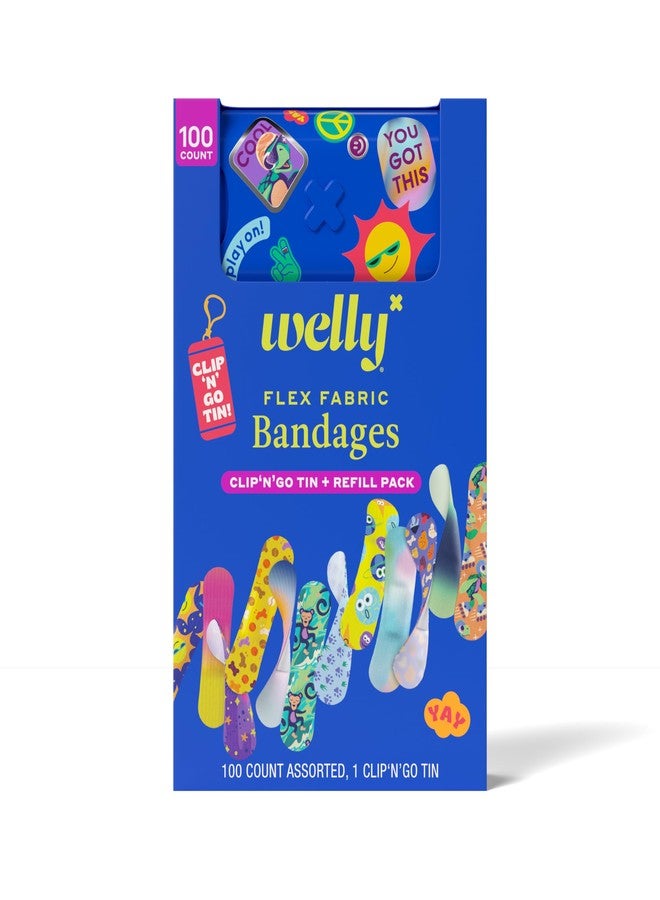 Welly Bandage Clip N' Go Tin & Refill Pack | Adhesive Flexible Fabric Bandages and Tin | Assorted Shapes and Patterns for Minor Cuts, Scrapes, and Wounds - 100 Count - Image 1