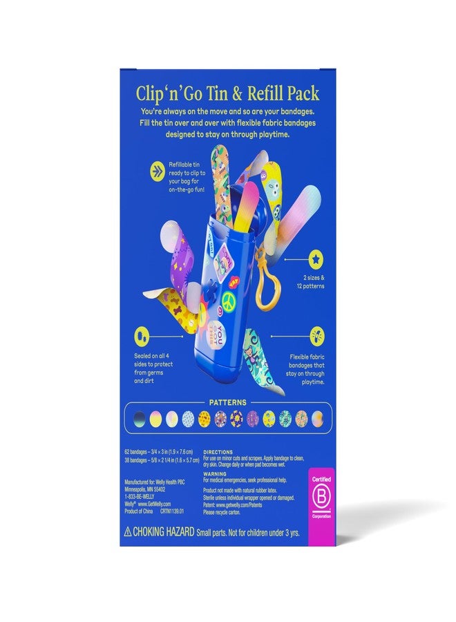 Welly Bandage Clip N' Go Tin & Refill Pack | Adhesive Flexible Fabric Bandages and Tin | Assorted Shapes and Patterns for Minor Cuts, Scrapes, and Wounds - 100 Count - Image 2
