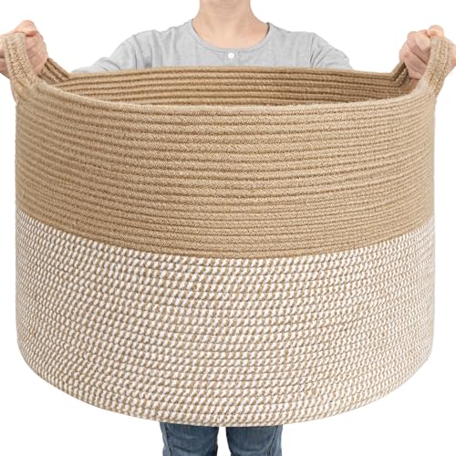 Goodpick Large Woven Storage Basket 217x138 Inch White Jute Laundry Hamper with Handles for Clothes Blankets Pillows Blanket Basket for Living Room Bedroom - Image 1