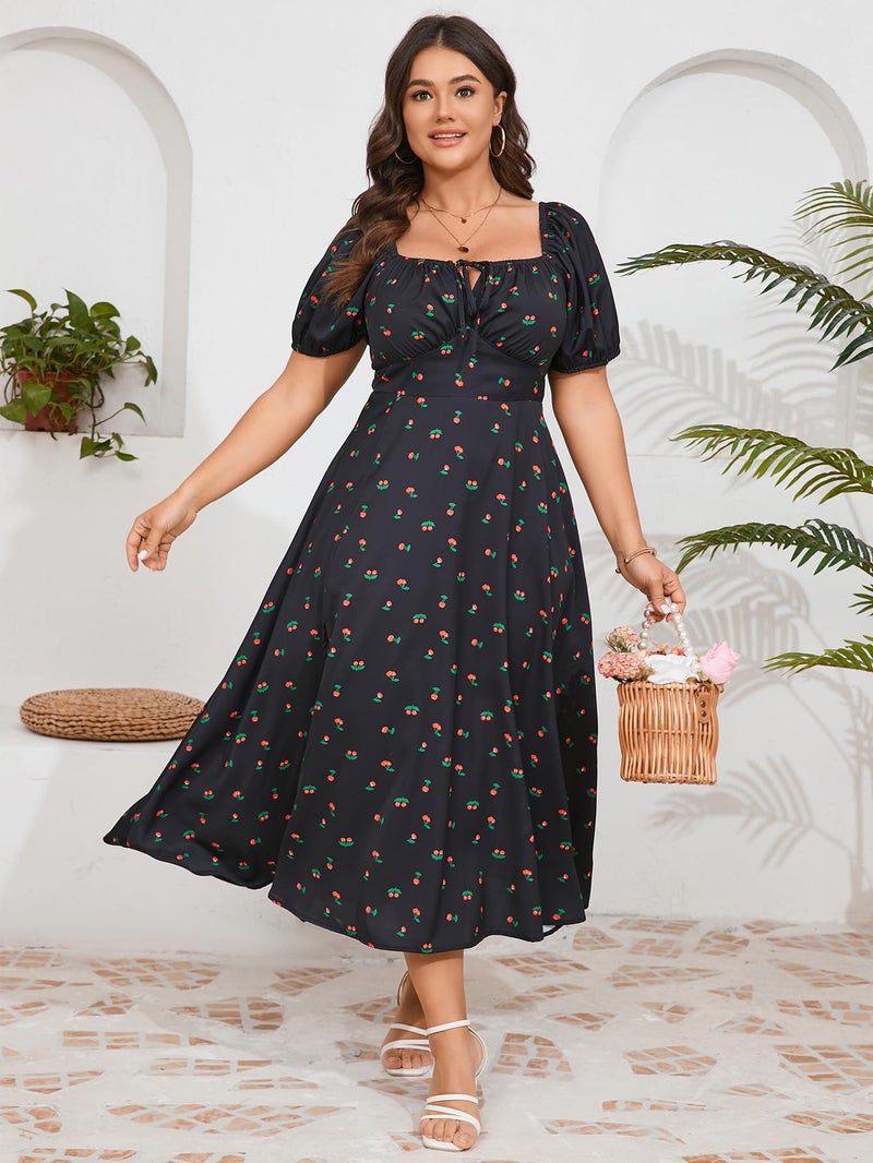 SCOMCHIC Women's Plus Size Summer Milkmaid Dress Short Sleeve Square Neck Tie Front Split A-Line Maxi Milk Maid Dress Black Floral - Image 3