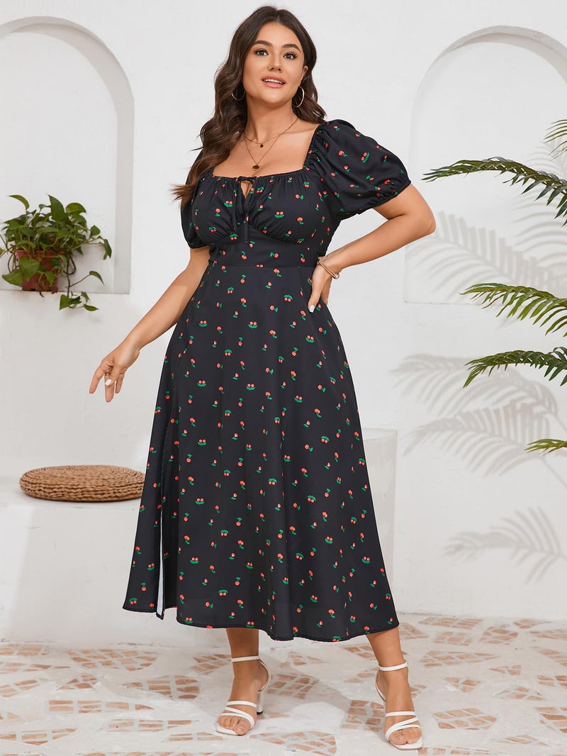 SCOMCHIC Women's Plus Size Summer Milkmaid Dress Short Sleeve Square Neck Tie Front Split A-Line Maxi Milk Maid Dress Black Floral - Image 4