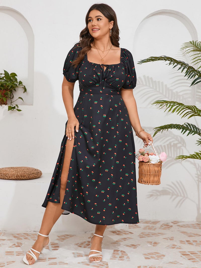 SCOMCHIC Women's Plus Size Summer Milkmaid Dress Short Sleeve Square Neck Tie Front Split A-Line Maxi Milk Maid Dress Black Floral - Image 2