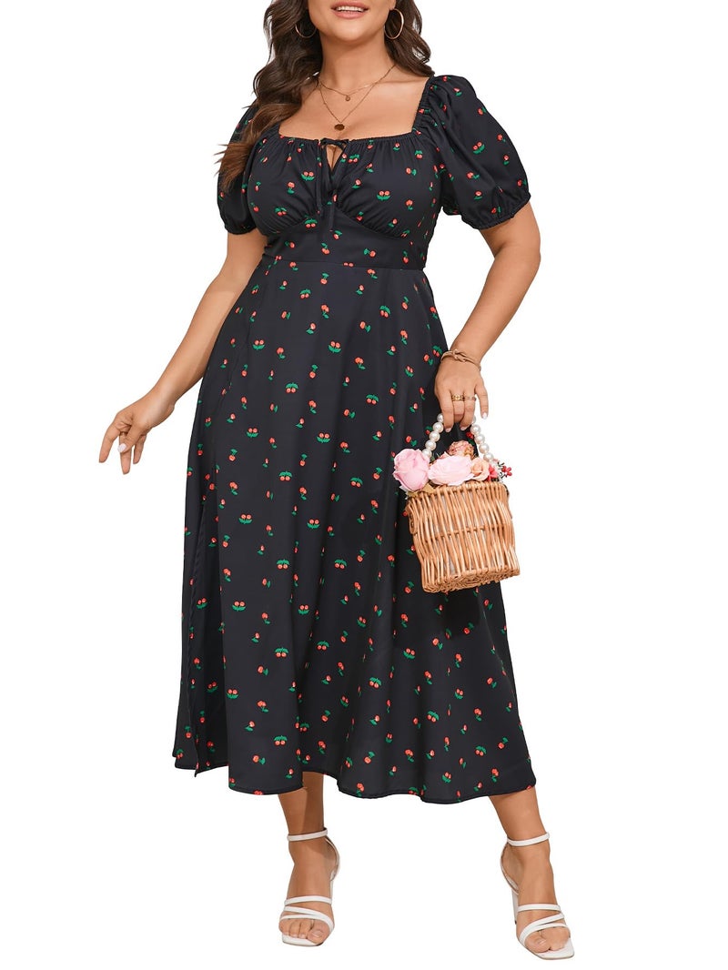 SCOMCHIC Women's Plus Size Summer Milkmaid Dress Short Sleeve Square Neck Tie Front Split A-Line Maxi Milk Maid Dress Black Floral - Image 1