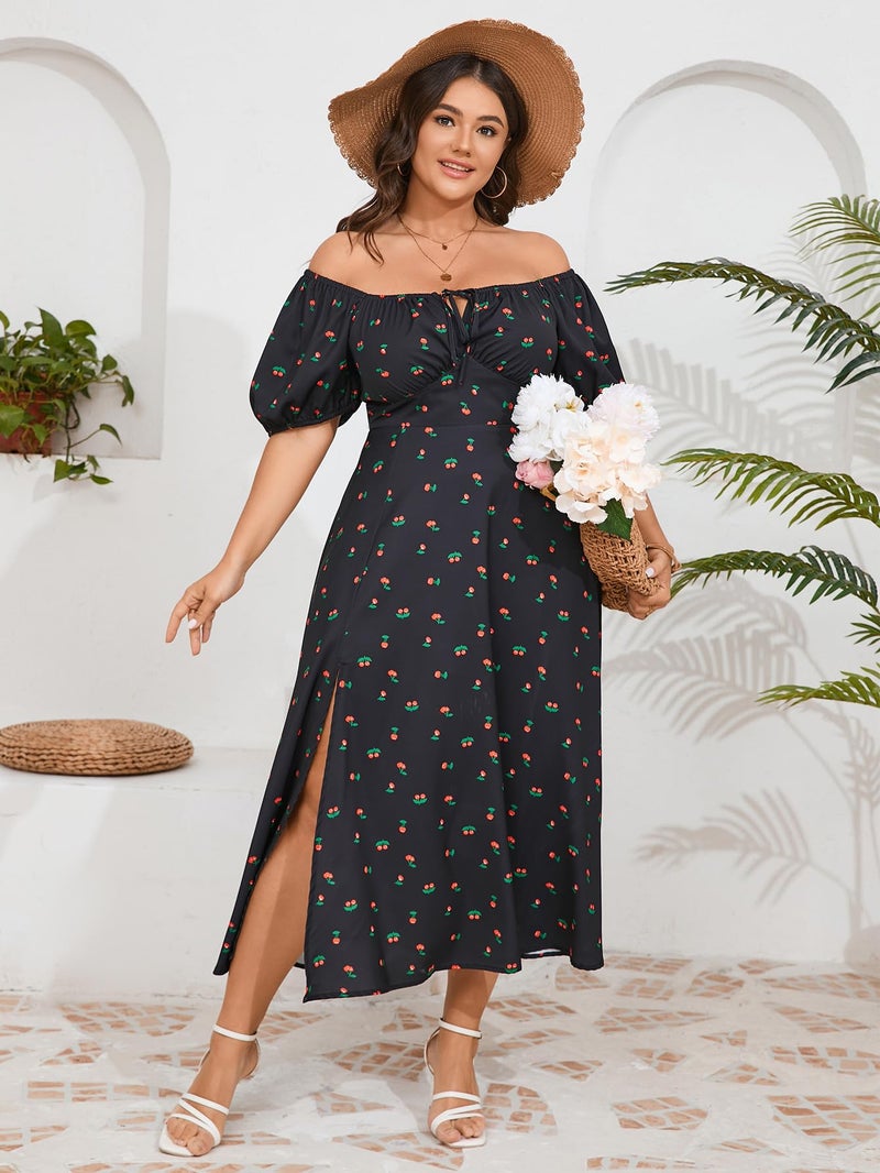 SCOMCHIC Women's Plus Size Summer Milkmaid Dress Short Sleeve Square Neck Tie Front Split A-Line Maxi Milk Maid Dress Black Floral - Image 5