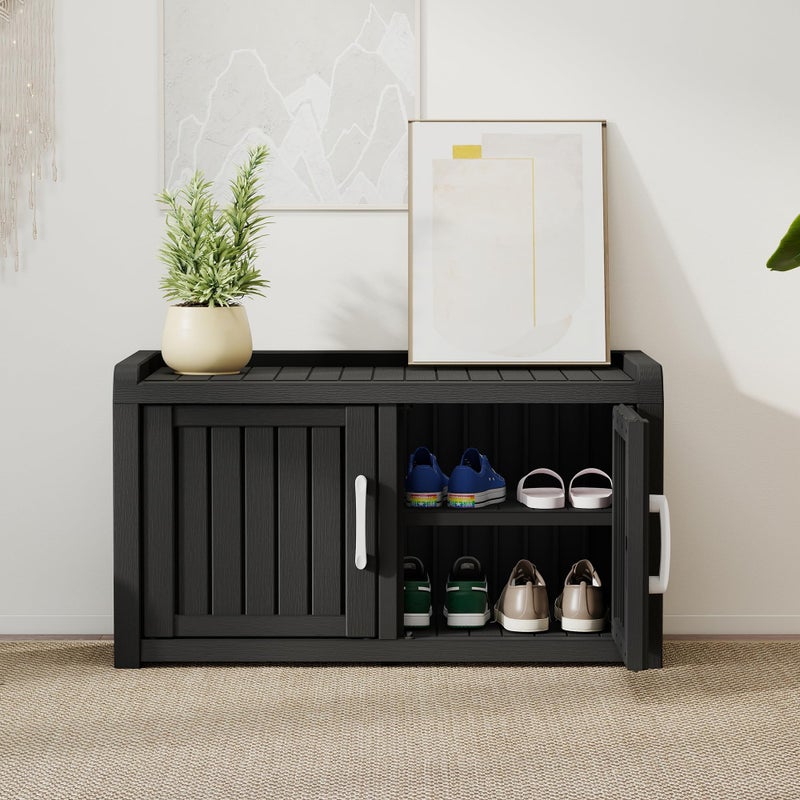 NBYSGO 2-Tier Storage Bench, Waterproof UV-Resistant Outdoor Shoe Storage Cabinet with 2 Doors & Adjustable Shelves for Indoor Outdoor Entryway, Hallway, Living Room (Raven Black) - Image 5