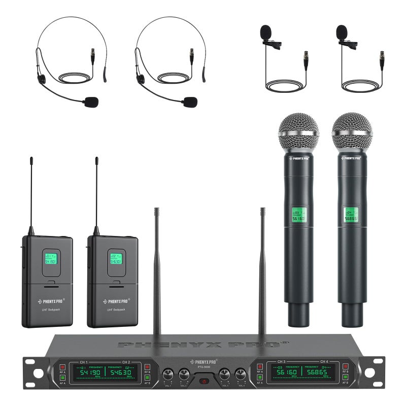 Phenyx Pro نظام ميكروفون لاسلكي فينيكس برو، مجموعة ميكروفونات لاسلكية UHF 4 قنوات مع ميكروفونات محمولة/جسمية/رأسية/لابيل، ميكروفون لاسلكي معدني بتردد ثابت للكنيسة، الغناء، الدي جي (PTU-5000-2H2B) - Image 1