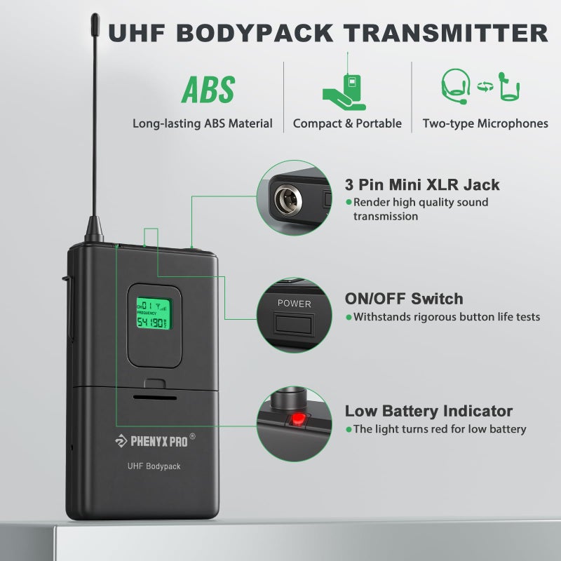 Phenyx Pro نظام ميكروفون لاسلكي فينيكس برو، مجموعة ميكروفونات لاسلكية UHF 4 قنوات مع ميكروفونات محمولة/جسمية/رأسية/لابيل، ميكروفون لاسلكي معدني بتردد ثابت للكنيسة، الغناء، الدي جي (PTU-5000-2H2B) - Image 5