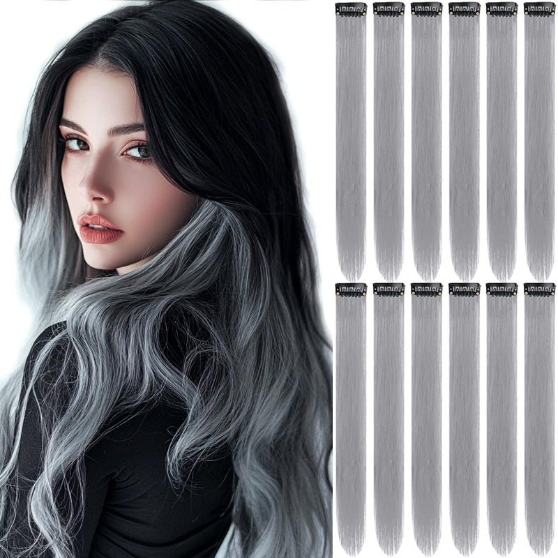 12 PCS Grey Hair Extensions Clip in Colored Party Highlights Extension for Kids Girls Synthetic Hairpiece Straight 22 inch