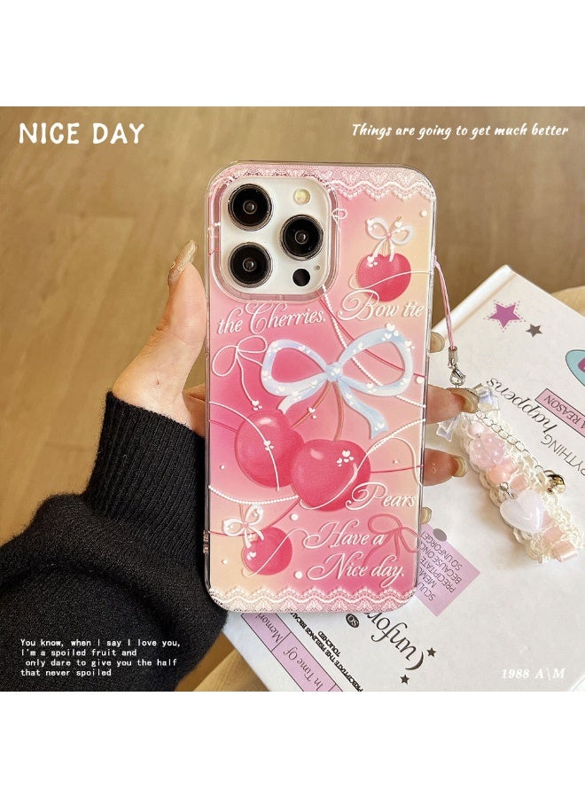 NIBEMINENT Cherry Lace Protective TPU Case Cover For iPhone 15, White Lace Pink Mobile Phone Case With Bracelet