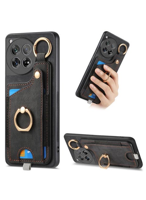 For OnePlus 12 5G Retro Skin-feel Ring Card Bag Phone Case with Hang Loop(Black)