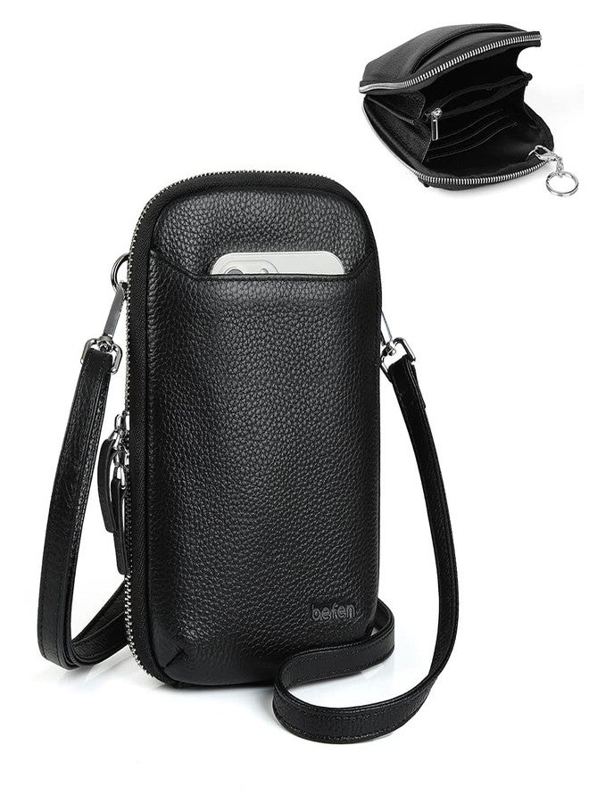 befen Genuine Leather Black Leather Small Crossbody Phone Bags for Women Mini Wallet Purse RFID Crossbody Bags for Women - Fit iPhone 15 Pro Max - Image 1