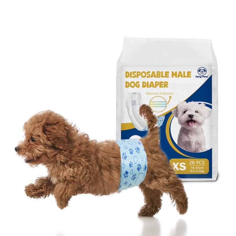 Flying Paws Male Dog Diapers with Wetness Indicator, Disposable Belly Band for Puppy Male Diapers, Doggie Wraps for Puppy Training, Incontinence (XS, 26 Count) - Image 1