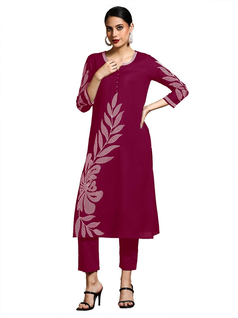 Varanga Women Thread Embroidered Floral Motif Kurta Maroon - Image 1
