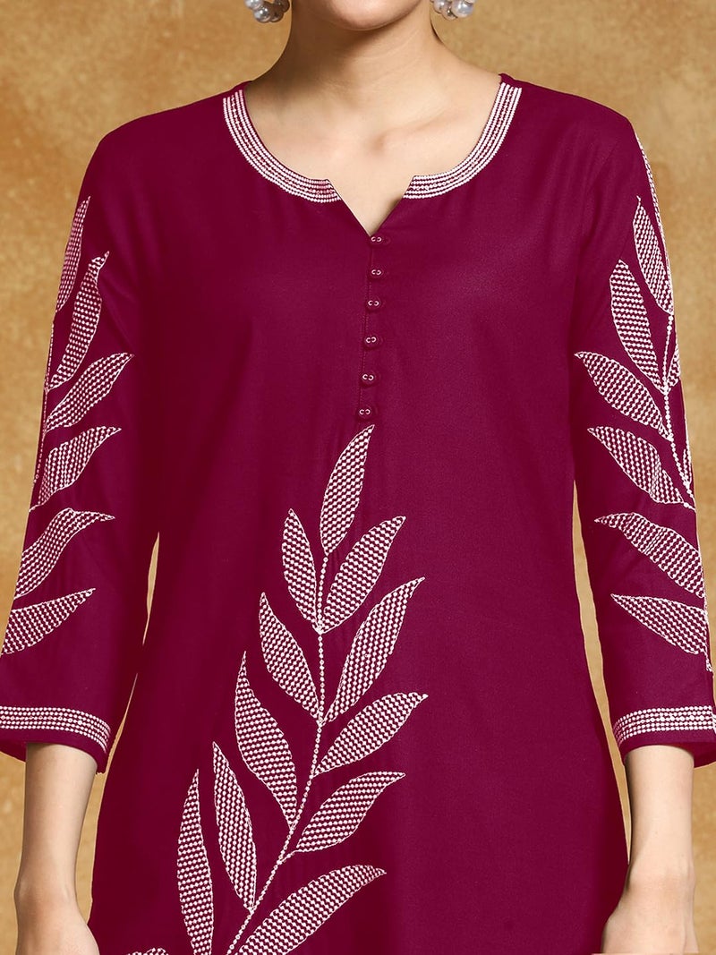 Varanga Women Thread Embroidered Floral Motif Kurta Maroon - Image 5
