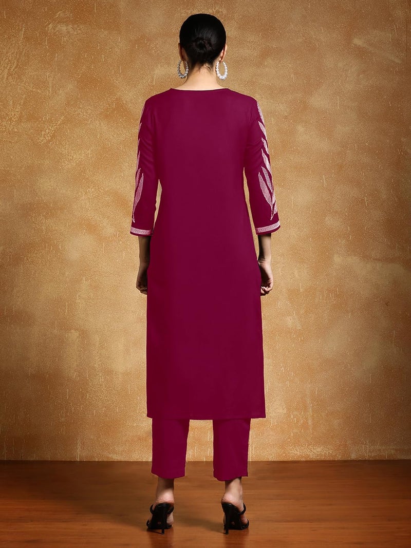 Varanga Women Thread Embroidered Floral Motif Kurta Maroon - Image 4