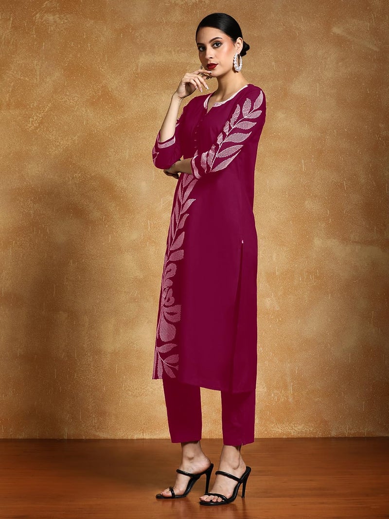 Varanga Women Thread Embroidered Floral Motif Kurta Maroon - Image 3