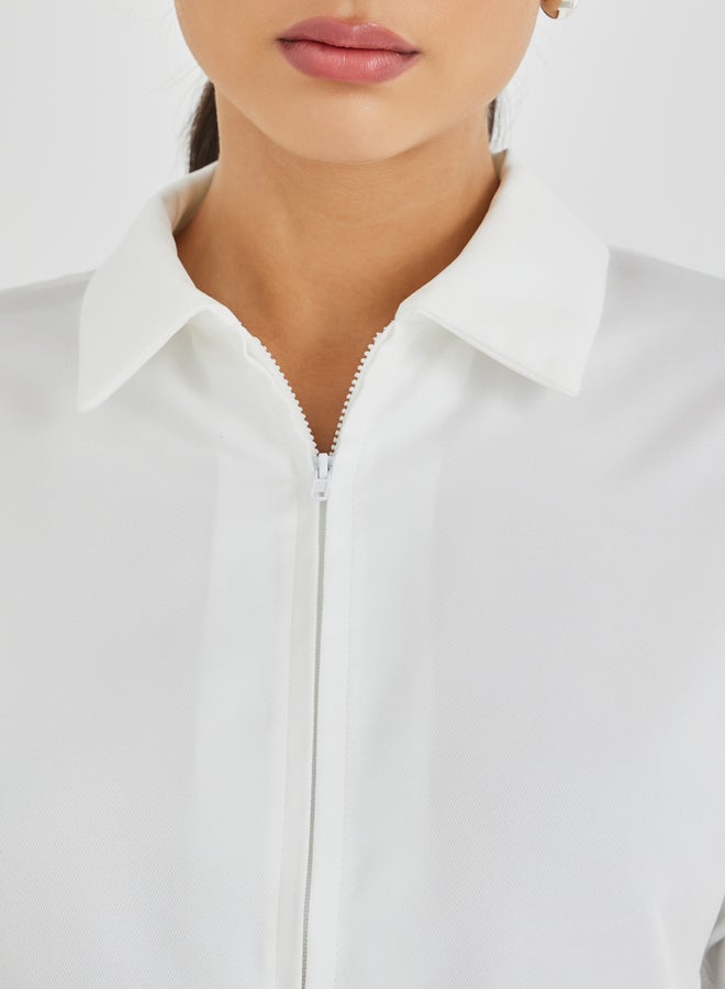 Styli Solid Spread Collar Front Zipper Shirt - Image 4