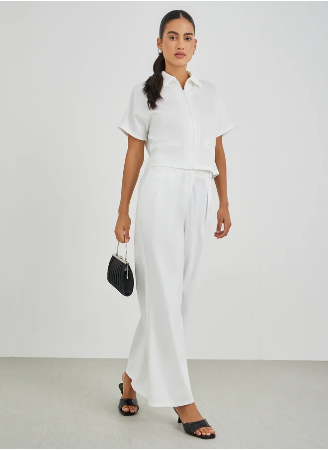 ستايلي Styli Solid Spread Collar Front Zipper Shirt