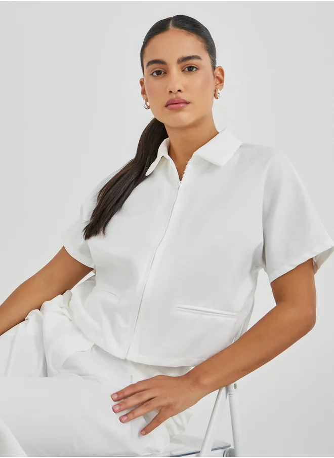 ستايلي Styli Solid Spread Collar Front Zipper Shirt