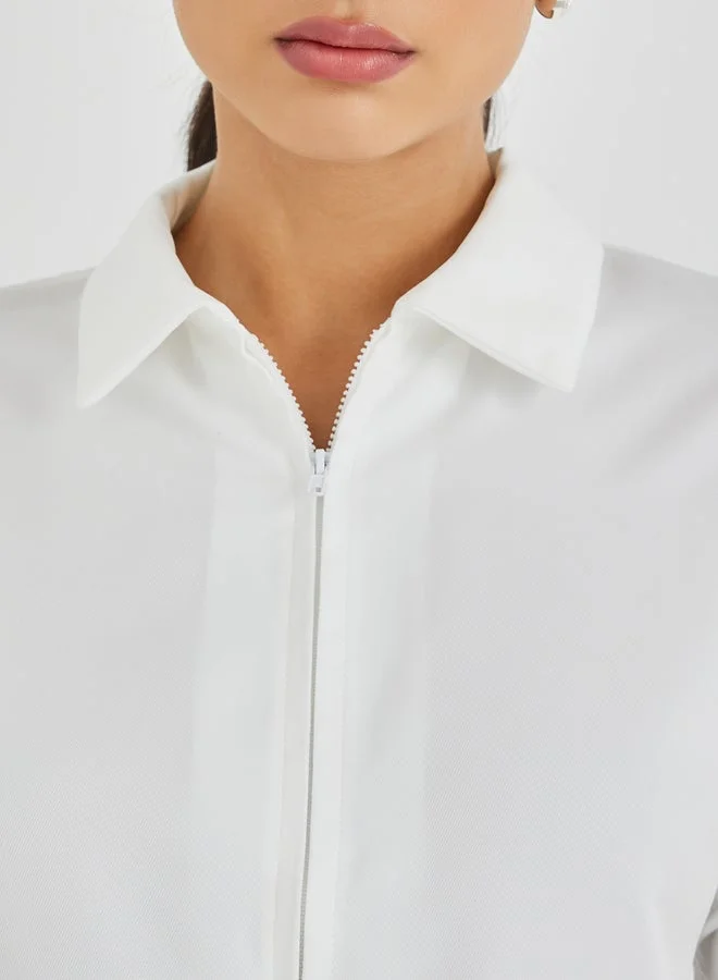 Styli Solid Spread Collar Front Zipper Shirt