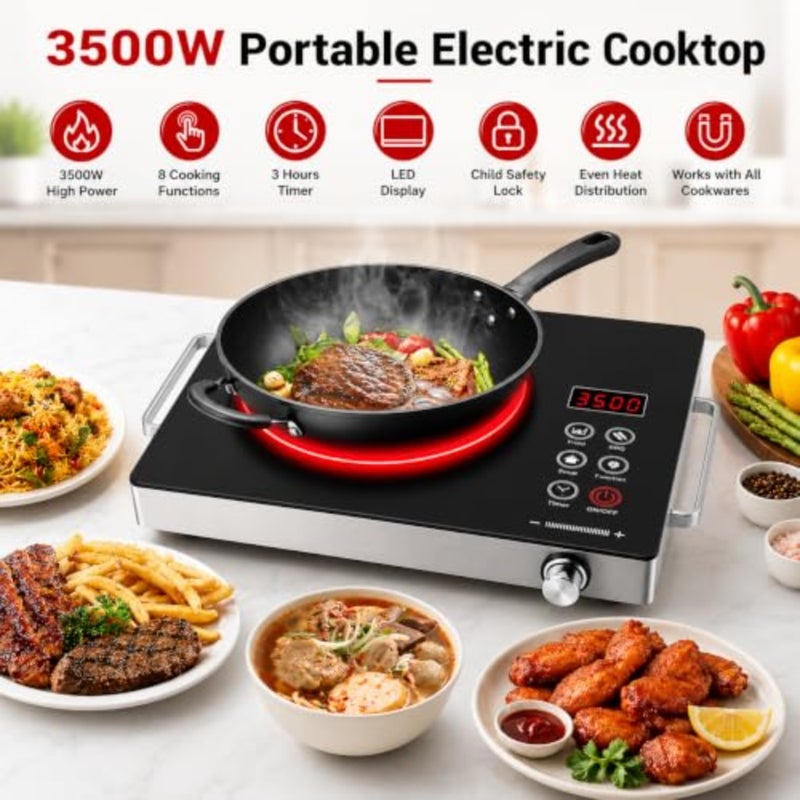 3500W Portable Infrared Electric Cooktop Electric Stove Electric Cooker Single Burner Electric Induction infrared Cooker for Cooking Digital Touch Control Adjustable Heating with Timer Ceramic Glass - Image 2