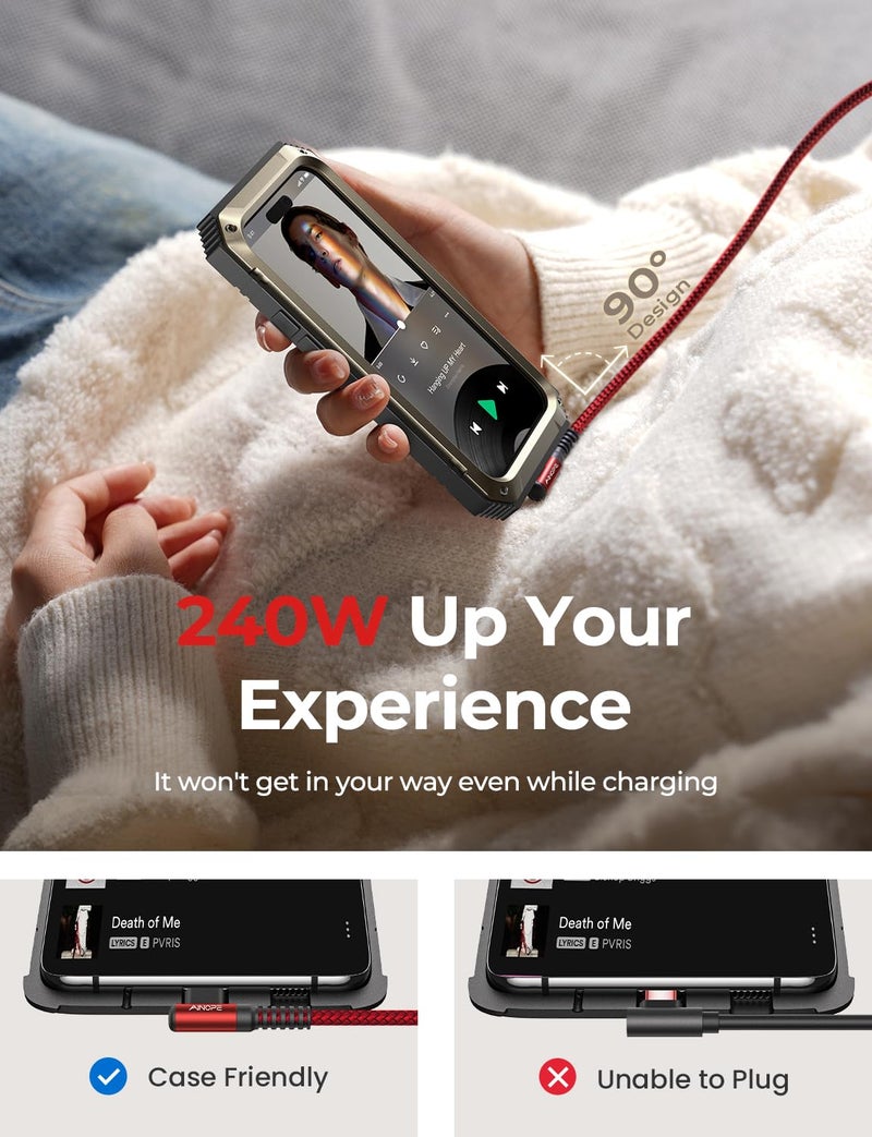 AINOPE 240W High Speed USB C Cable [10ft] USBC to USBC Cable, Right Angle C to C Cable Fast Charging Compatible with iPhone 16 Charger Cord, iPad Pro,MacBook Air 2024 M4,Samsung Galaxy S24, Red - Image 2