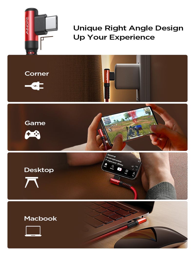 AINOPE 240W High Speed USB C Cable [10ft] USBC to USBC Cable, Right Angle C to C Cable Fast Charging Compatible with iPhone 16 Charger Cord, iPad Pro,MacBook Air 2024 M4,Samsung Galaxy S24, Red - Image 3