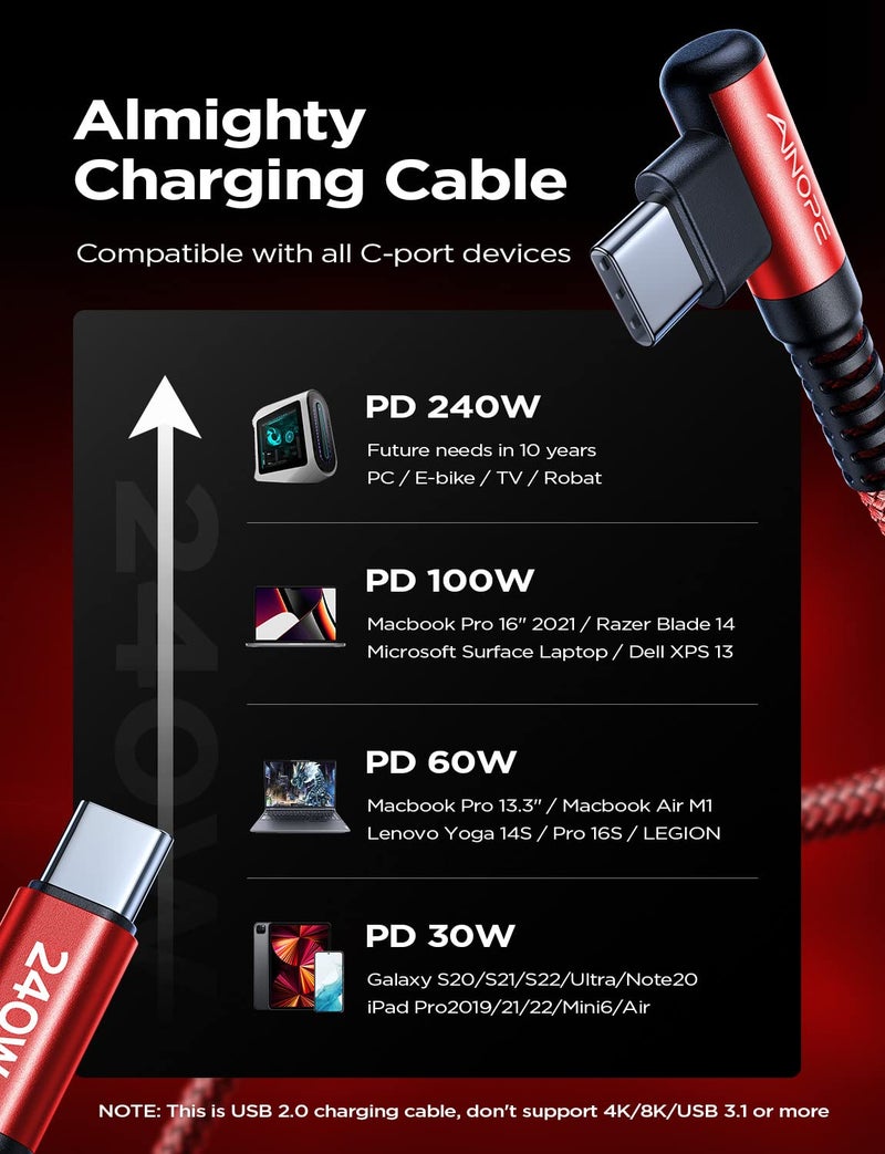 AINOPE 240W High Speed USB C Cable [10ft] USBC to USBC Cable, Right Angle C to C Cable Fast Charging Compatible with iPhone 16 Charger Cord, iPad Pro,MacBook Air 2024 M4,Samsung Galaxy S24, Red - Image 4