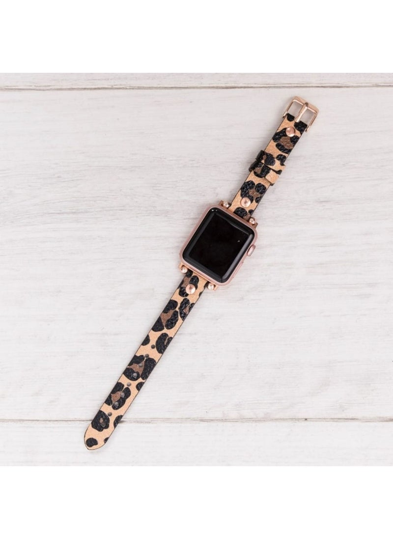 Vagave - Apple Watch Compatible 38 40 41 mm Women's Leather Band Slim - Leopard Pattern - Image 1