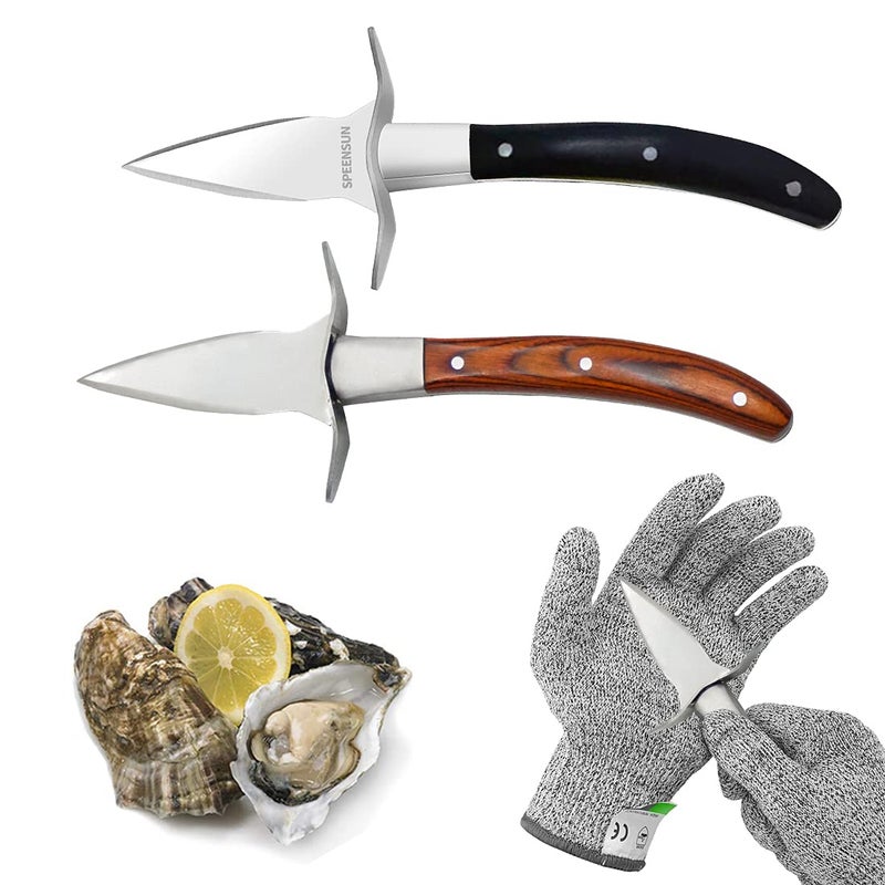 SPEENSUN Oyster Shucking Knife,Oyster Shucker,2 Set Sturdy Sharpness Oyster Knife With Comfort Wood-handle,Oyster Shucking Kit With 1 Pairs Of Level 5 Protection Cut-resistant Gloves(L) For Oyster Clam - Image 1