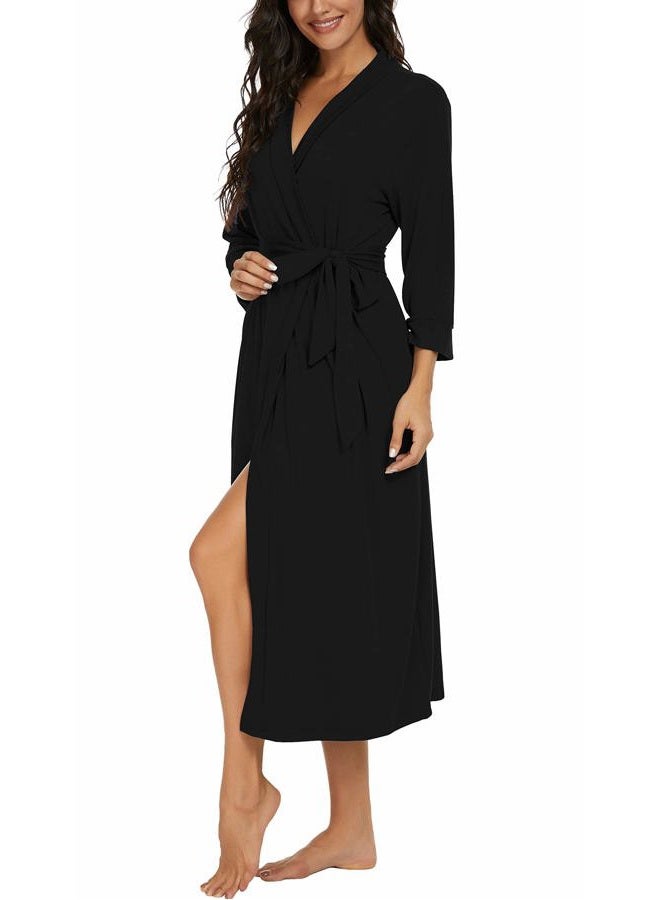 VINTATRE Women Kimono Robes Long Knit Bathrobe Lightweight Soft Knit Sleepwear V-neck Casual Ladies Loungewear, A01 Black, L - Image 4