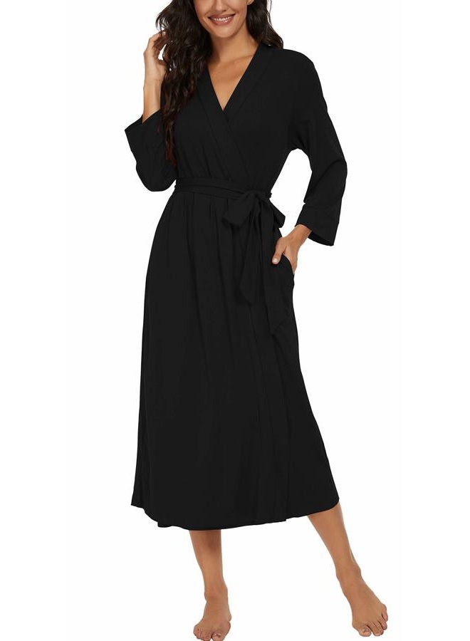 VINTATRE Women Kimono Robes Long Knit Bathrobe Lightweight Soft Knit Sleepwear V-neck Casual Ladies Loungewear, A01 Black, L - Image 3