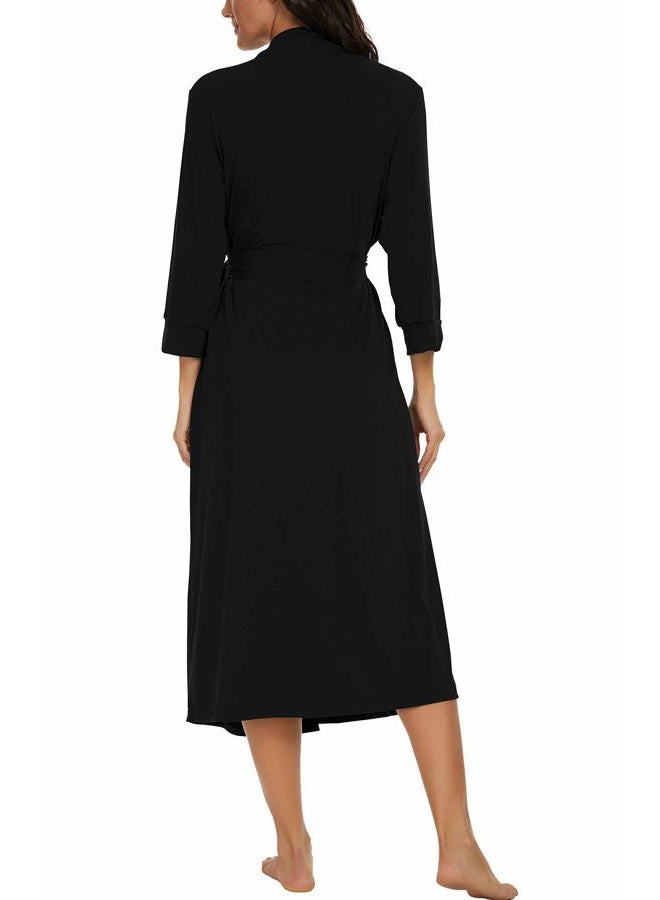 VINTATRE Women Kimono Robes Long Knit Bathrobe Lightweight Soft Knit Sleepwear V-neck Casual Ladies Loungewear, A01 Black, L - Image 5