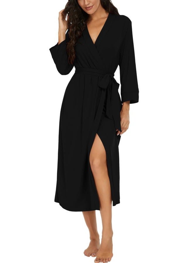 VINTATRE Women Kimono Robes Long Knit Bathrobe Lightweight Soft Knit Sleepwear V-neck Casual Ladies Loungewear, A01 Black, L - Image 1