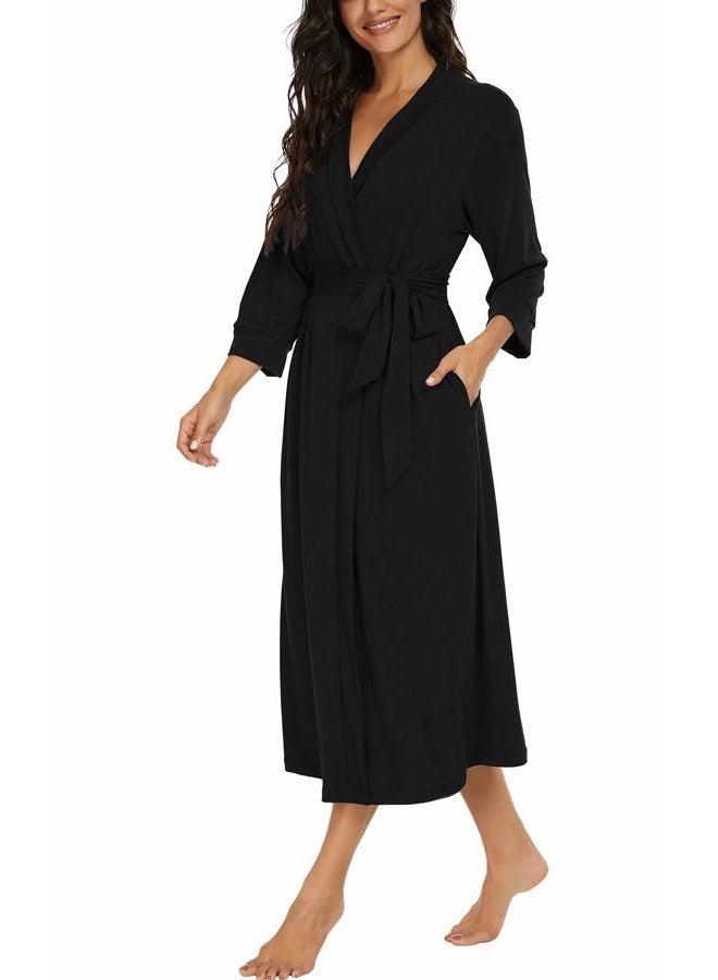 VINTATRE Women Kimono Robes Long Knit Bathrobe Lightweight Soft Knit Sleepwear V-neck Casual Ladies Loungewear, A01 Black, L - Image 2