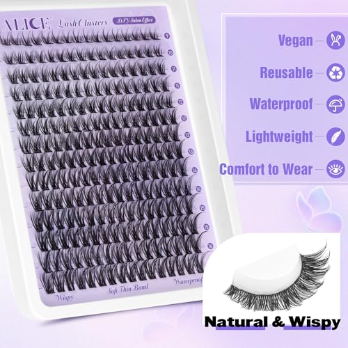 Alice Lash Clusters Natural Wispy Cluster Eyelash Extensions DIY Individual Lashes Lash Extension Waterproof Cluster Lashes 224pcs 9-16mm Soft Thin Band by ALICE - Image 4