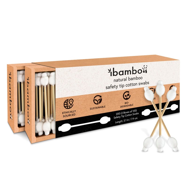 Ibambo 200 Pack 100% Bamboo Baby Cotton Swabs - FSC Certified Double Tipped Child Safety Cotton Swabs for Ear and Nose Cleaning | Perfect for Diaper Bags or Personal Care | Hypoallergenic Baby Swabs - Image 1