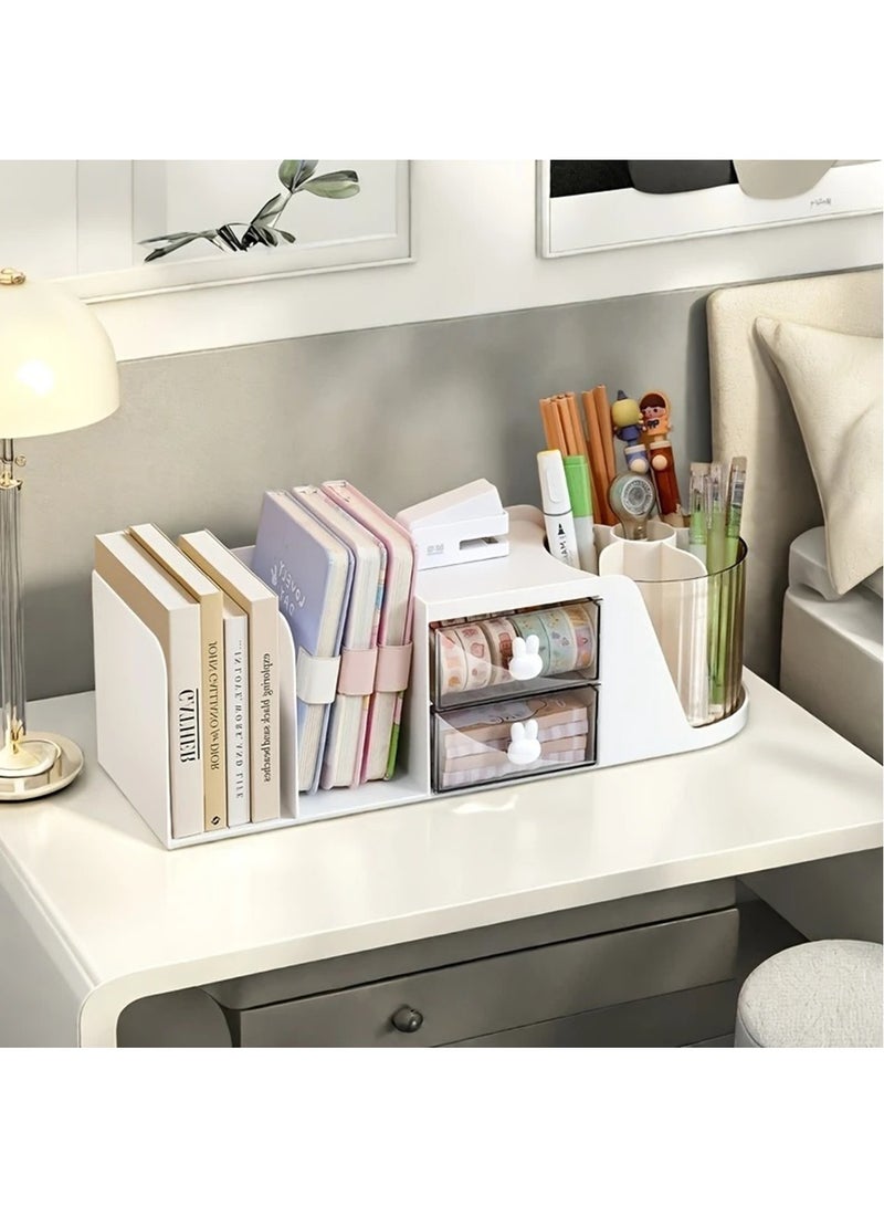 Hihonor Rotating Desk Organizer with 2 Drawer, Pencil Pen Holder for Desk, Desk Organizers and Accessories with 4 Compartments + Drawer for Office Home Art Supplies (White)  - Image 1