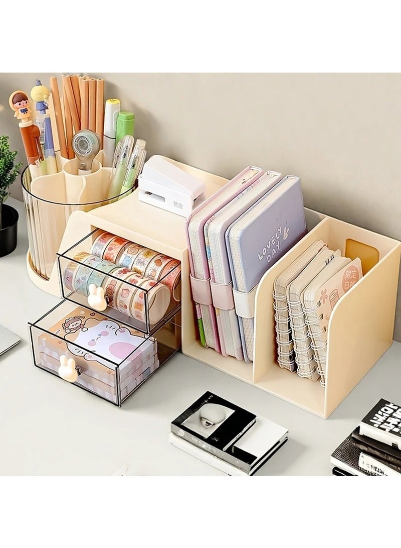 Hihonor Rotating Desk Organizer with 2 Drawer, Pencil Pen Holder for Desk, Desk Organizers and Accessories with 4 Compartments + Drawer for Office Home Art Supplies (White)  - Image 2