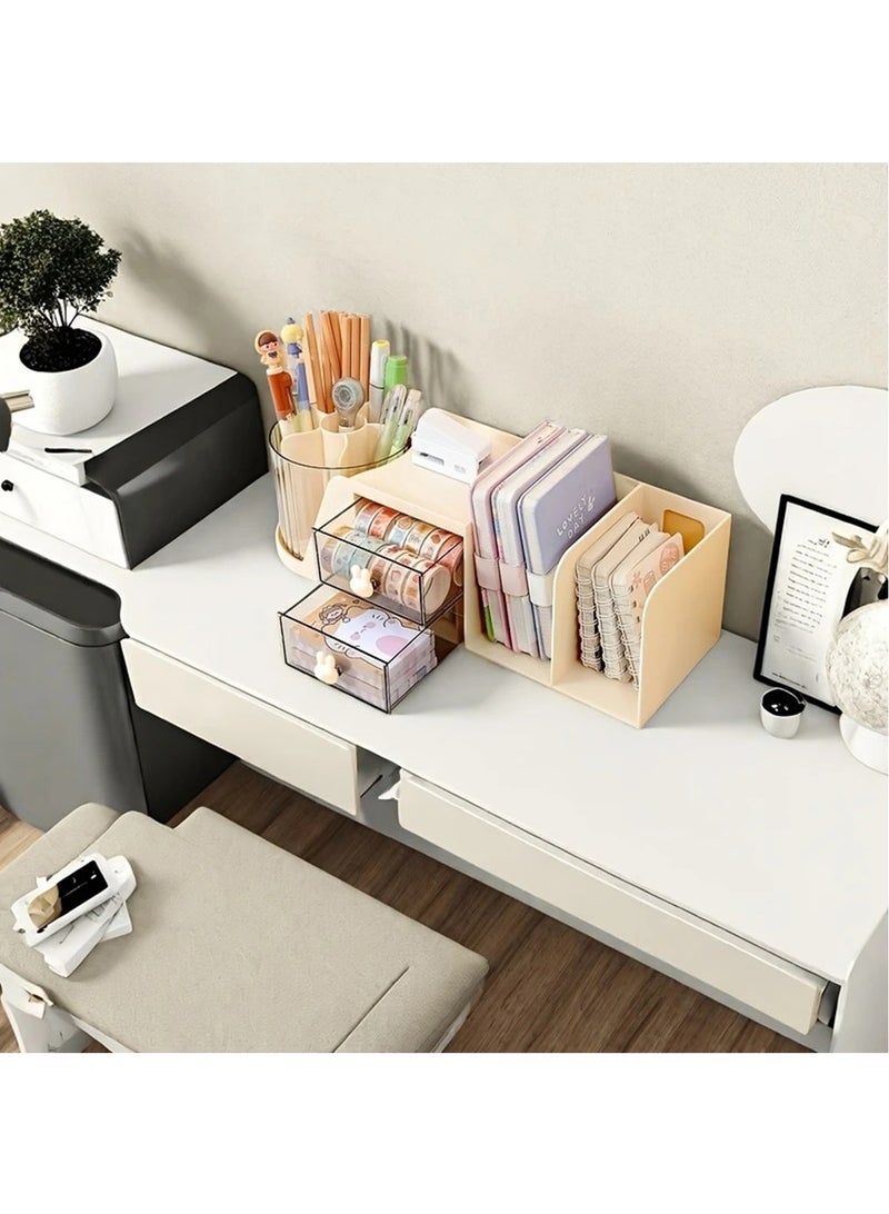 Hihonor Rotating Desk Organizer with 2 Drawer, Pencil Pen Holder for Desk, Desk Organizers and Accessories with 4 Compartments + Drawer for Office Home Art Supplies (White)  - Image 3