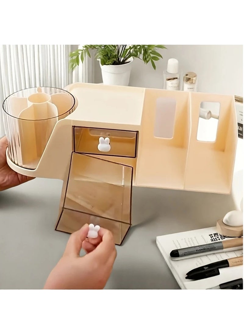 Hihonor Rotating Desk Organizer with 2 Drawer, Pencil Pen Holder for Desk, Desk Organizers and Accessories with 4 Compartments + Drawer for Office Home Art Supplies (White)  - Image 4