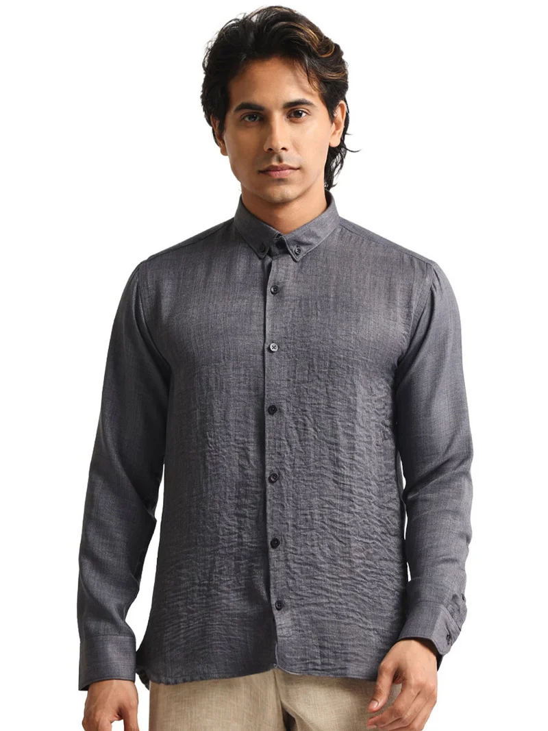 مانياك Maniac Mens Solid collared Neck Full Sleeve Super Twill Fabric Grey Shirt