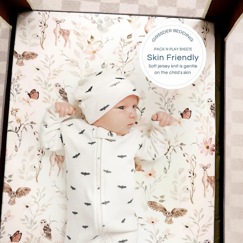 GRSSDER Stretchy Ultra Soft Jersey Knit Fitted Pack n Play Sheets 3 Pack, Portable/Mini Crib Sheets for Girls, Universal Fit for Pack N Plays Safe and Snug, Beautiful Blush Pink Floral and Cute Animals Print - Image 2