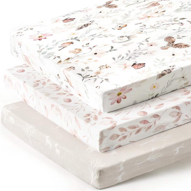 GRSSDER Stretchy Ultra Soft Jersey Knit Fitted Pack n Play Sheets 3 Pack, Portable/Mini Crib Sheets for Girls, Universal Fit for Pack N Plays Safe and Snug, Beautiful Blush Pink Floral and Cute Animals Print - Image 1