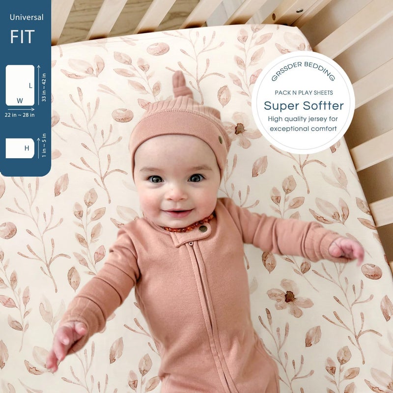 GRSSDER Stretchy Ultra Soft Jersey Knit Fitted Pack n Play Sheets 3 Pack, Portable/Mini Crib Sheets for Girls, Universal Fit for Pack N Plays Safe and Snug, Beautiful Blush Pink Floral and Cute Animals Print - Image 4