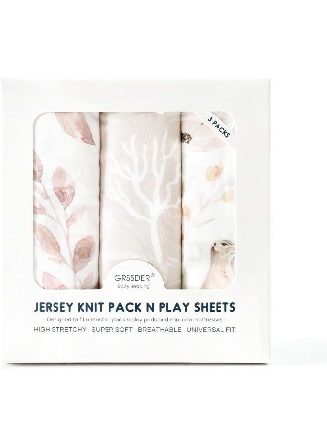 GRSSDER Stretchy Ultra Soft Jersey Knit Fitted Pack n Play Sheets 3 Pack, Portable/Mini Crib Sheets for Girls, Universal Fit for Pack N Plays Safe and Snug, Beautiful Blush Pink Floral and Cute Animals Print - Image 3