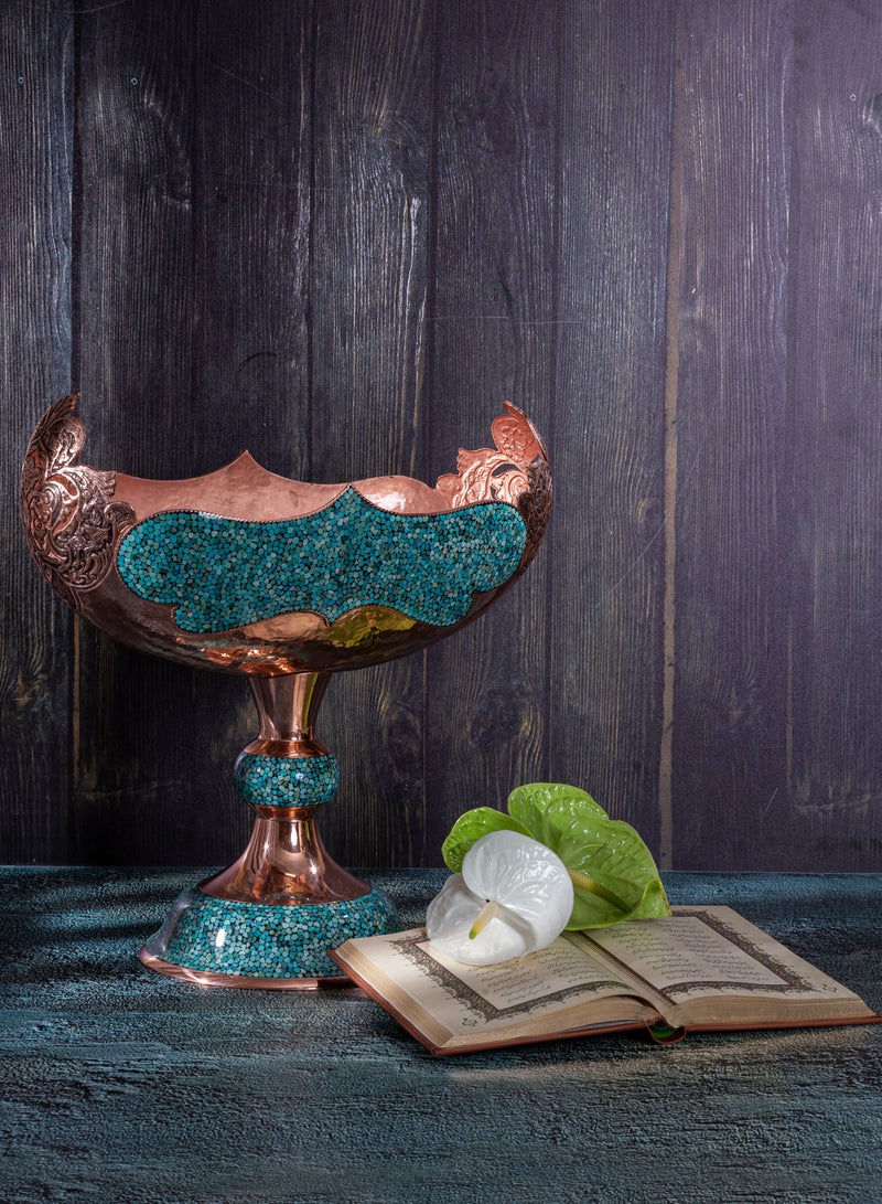Aghajani Super Large Pedestal Kashkul Bowl, Turquoise & Copper, Persian Heritage Luxury Decor, 50 cm Tall - Image 1