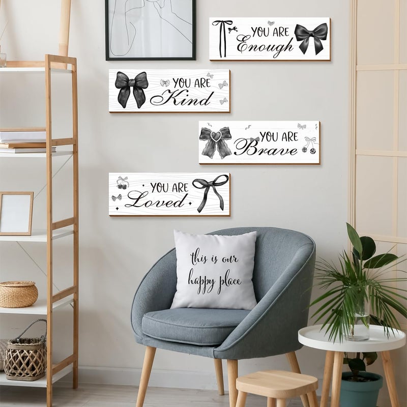 Riletese 4 Pcs Black White Bow Wall Art Decor, Vintage Dark Coquete Room Decor for Teen Girls Neutral Preppy, Inspirational Positive Affirmations Wall Wooden Hanging Sign Bathroom - Image 4