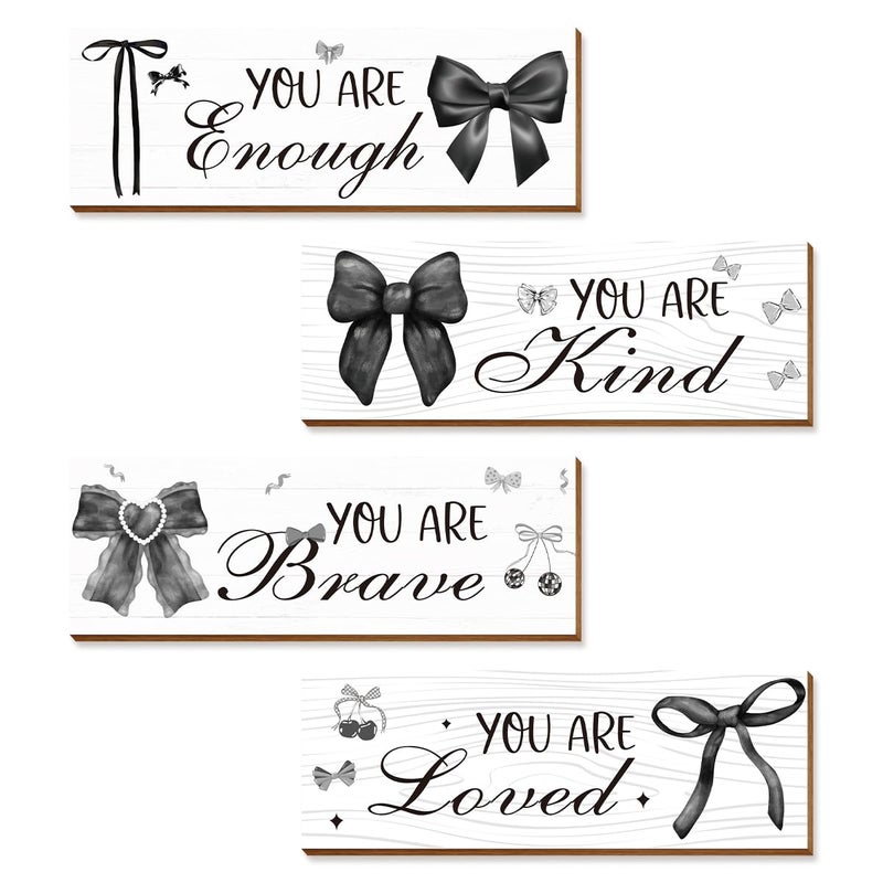 Riletese 4 Pcs Black White Bow Wall Art Decor, Vintage Dark Coquete Room Decor for Teen Girls Neutral Preppy, Inspirational Positive Affirmations Wall Wooden Hanging Sign Bathroom - Image 1