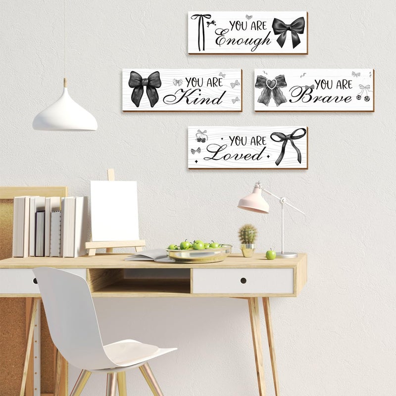 Riletese 4 Pcs Black White Bow Wall Art Decor, Vintage Dark Coquete Room Decor for Teen Girls Neutral Preppy, Inspirational Positive Affirmations Wall Wooden Hanging Sign Bathroom - Image 5